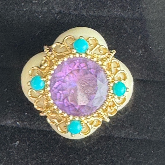 14K Yellow Gold Bezel Amethyst Turquoise and Quatrefoil White Agate Ring S 6.5 - Picture 3 of 16